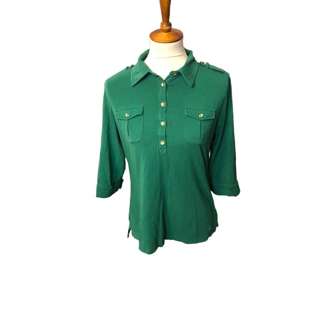 Tommy Hilfiger green 3/4 button crown collared with gold accent buttons size L